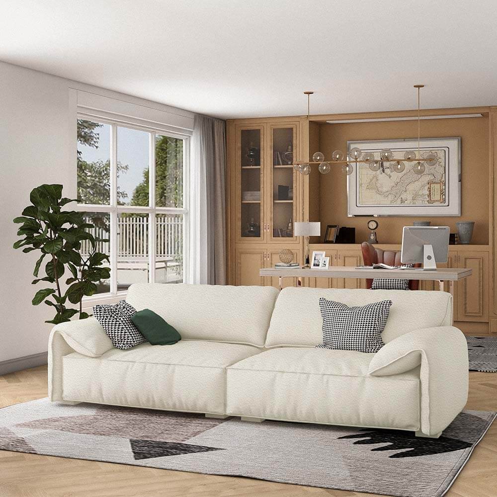 Front view of the affordable three-seater couch for sale in beige, showcasing its stylish design.