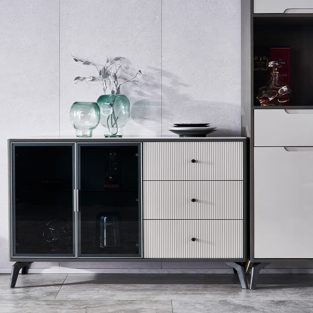 Sleek gray sideboard buffet showcasing glass doors and modern design from side view.