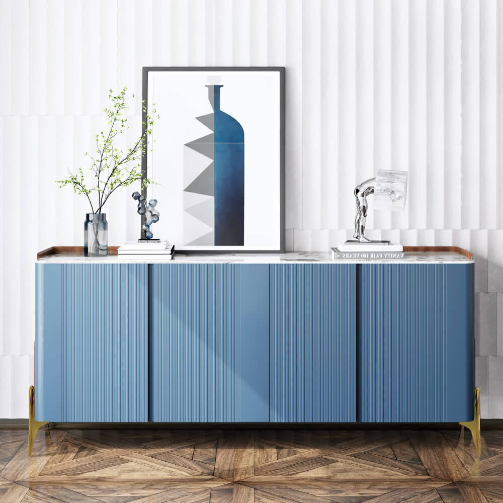 Navy blue sideboard buffet showcasing its four doors and modern design from the front angle.