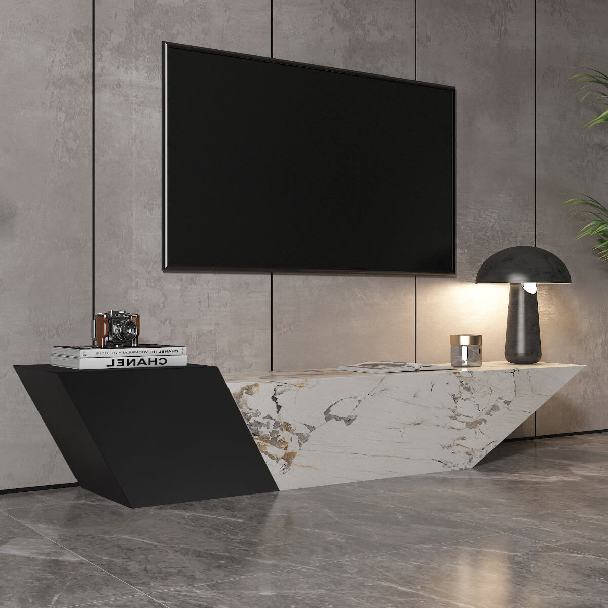 Sleek Minimalist Marble TV Stand in a modern living room setup, showcasing its elegant curves and finish.