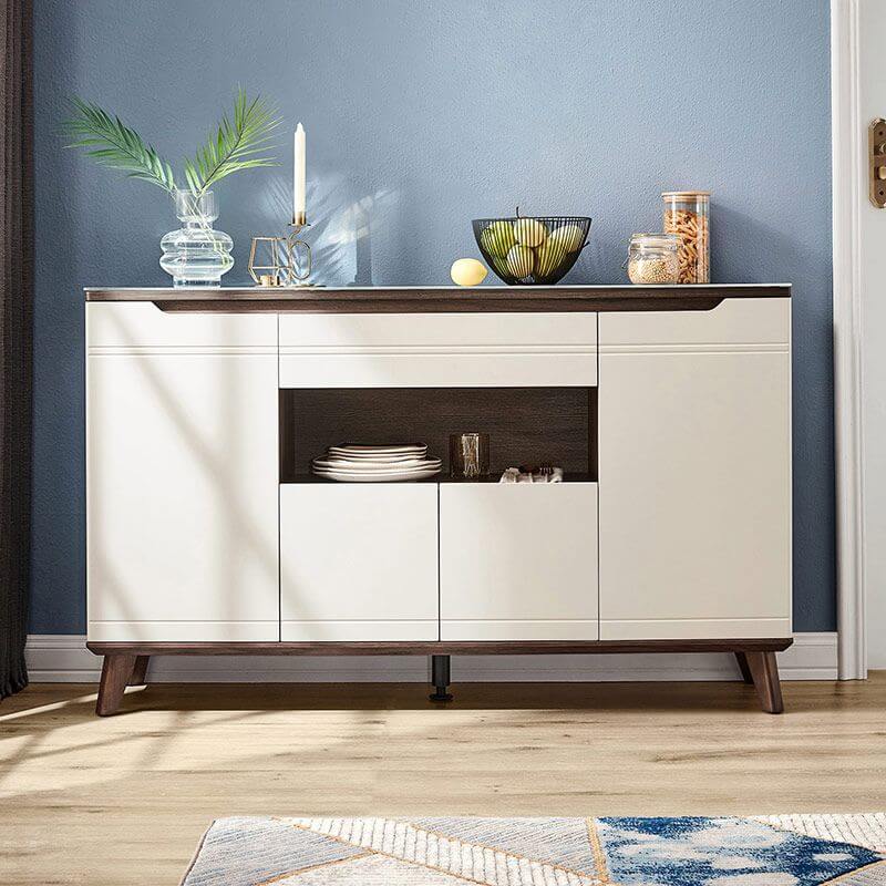 Elegant mid-century modern sideboard showcasing its glass top and natural wood grain