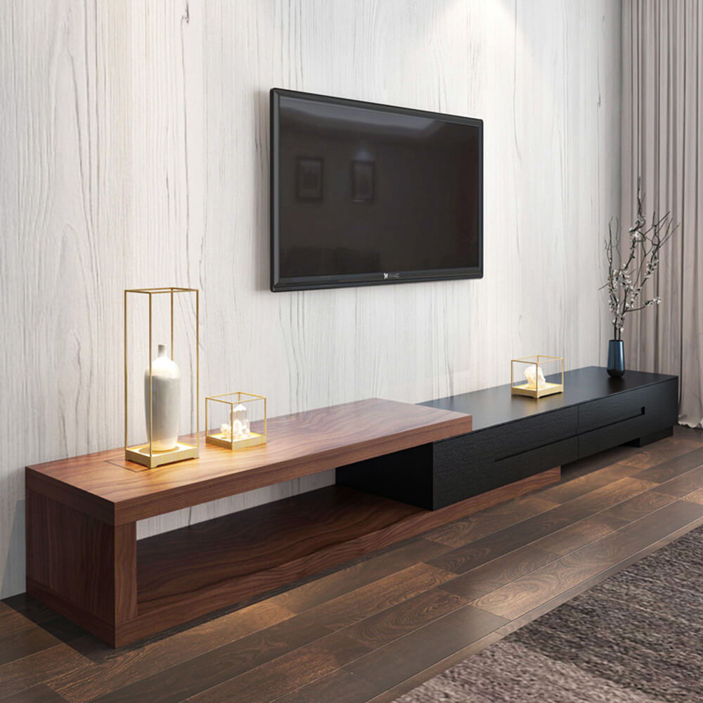 Elegant retractable wooden TV stand showcasing its minimalist design and storage drawers.