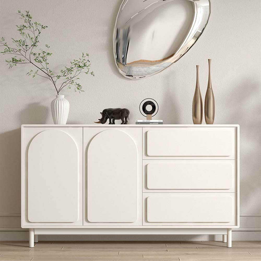 Front view of the elegant modern buffet with double doors and three drawers, showcasing its cream color and sleek design.