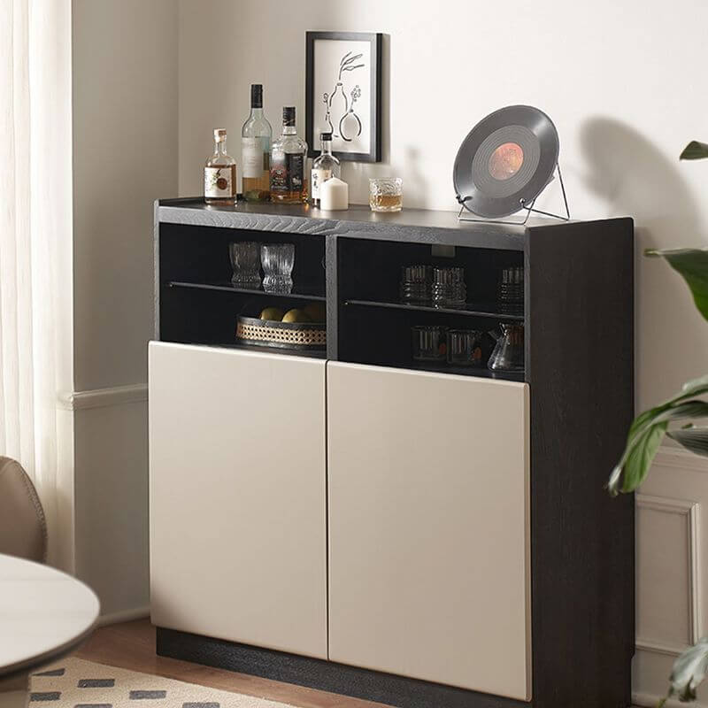 Elegant oak stone-top buffet cabinet showcasing its sleek design and open storage area.