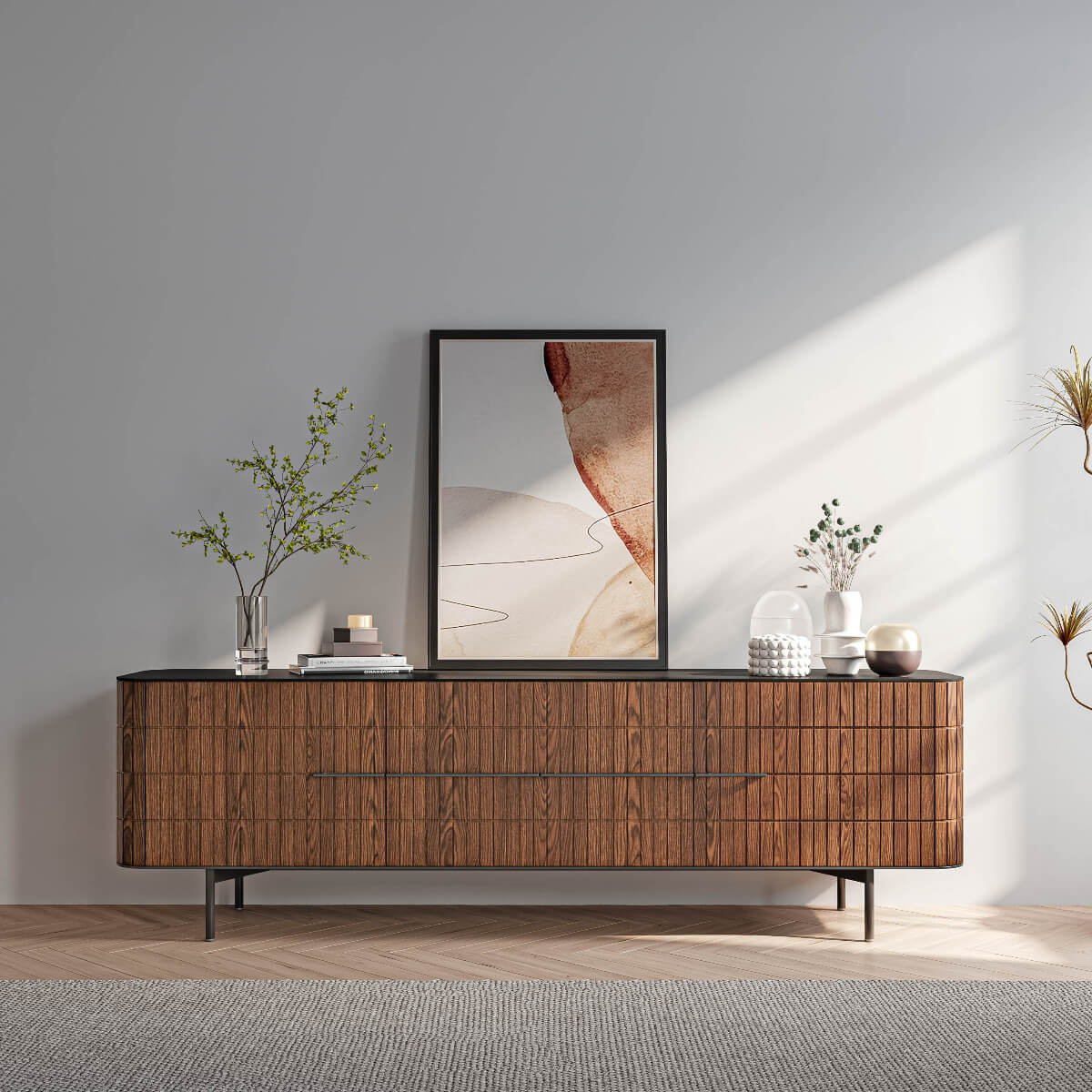 Front view of the Sleek Sintered Stone Minimalist TV Stand showcasing its elegant design.