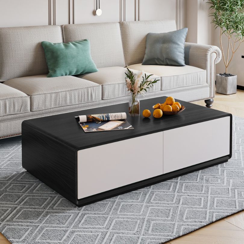Front view of the contemporary walnut coffee table showcasing storage drawers.