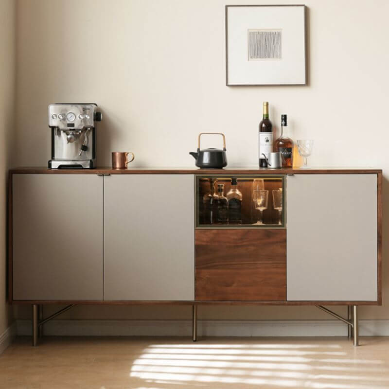 Elegant Walnut & Gray Storage Sideboard from a side angle, highlighting its modern design and spacious storage.