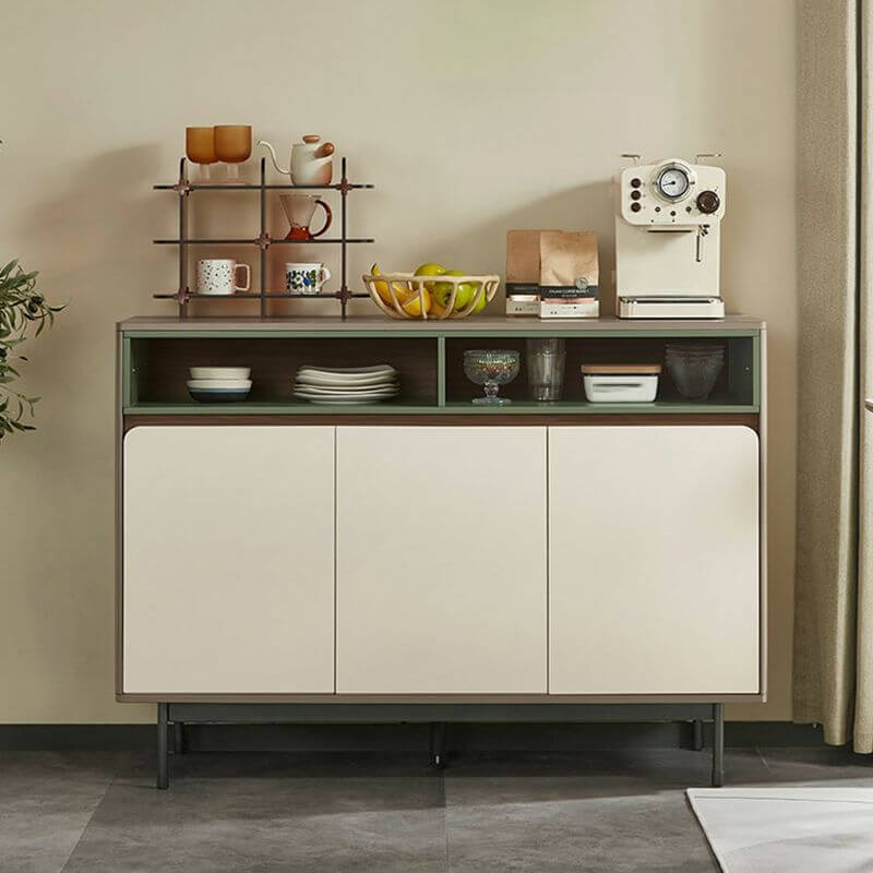 Front angle view of white and grey sideboard cabinet showing adjustable shelving.