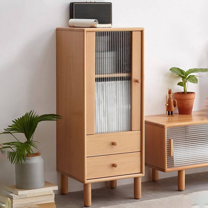 Front view of the Rustic Elegance Wood Cabinet with Glass Door showcasing its elegant design and spacious interior.