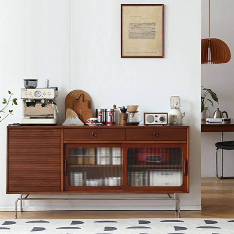 Side view of the rustic solid wood buffet cabinet showcasing ample storage and modern metal base.