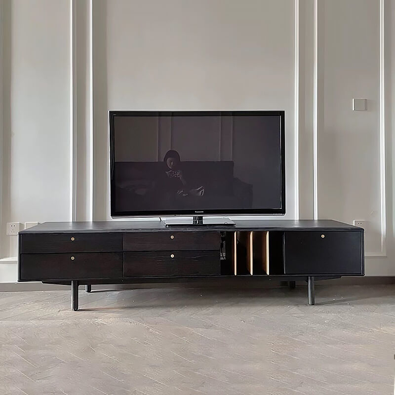 Front view of Nordic style oak TV stand displaying its sleek design and storage options.