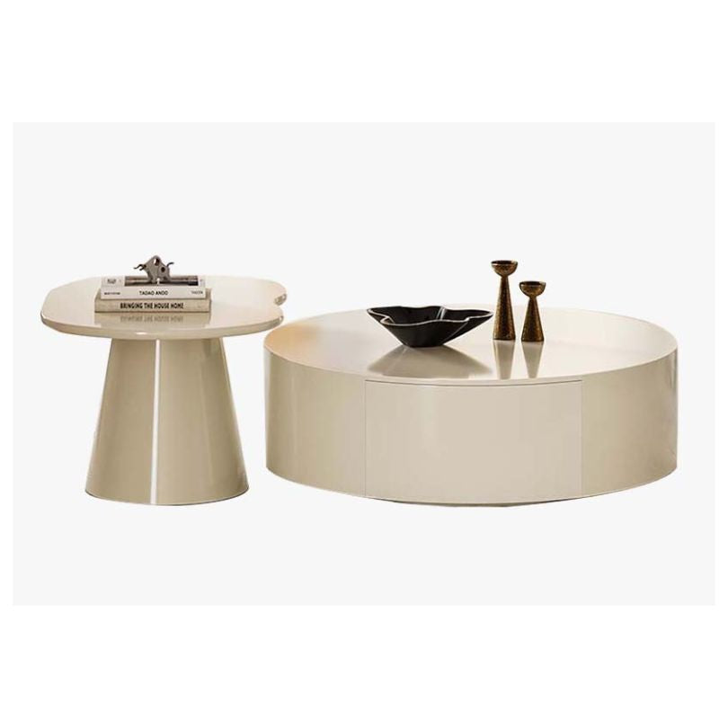 A side angle of the Nordic Serenity Rounded Coffee Table demonstrating the spacious drawers and sturdy pedestal base.