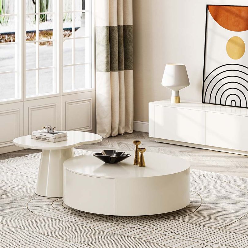 Close-up view of the Nordic Serenity Rounded Coffee Table showcasing its elegant white finish and minimalist design.