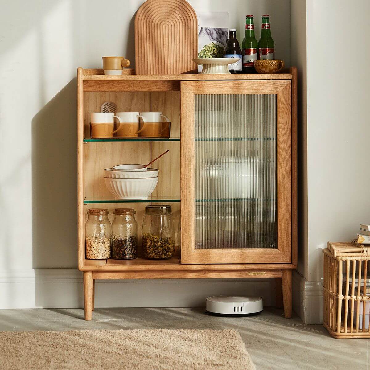Nordic oak sideboard with glass sliding doors showcasing its elegant design and storage functionality.