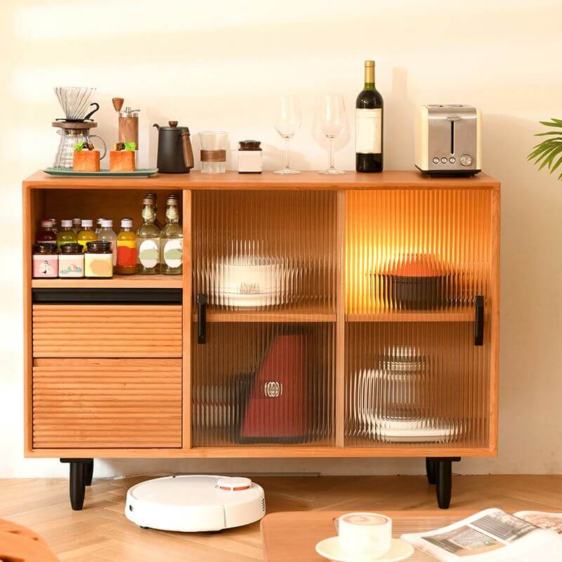 Side view of the Scandinavian Elegance Sideboard with glass doors displaying elegant glassware.