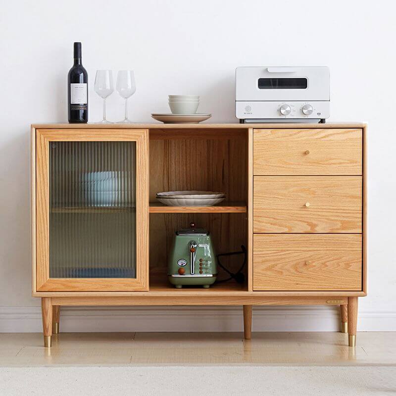 Front view of the Nordic Oak glass door sideboard with sliding doors and spacious drawers.