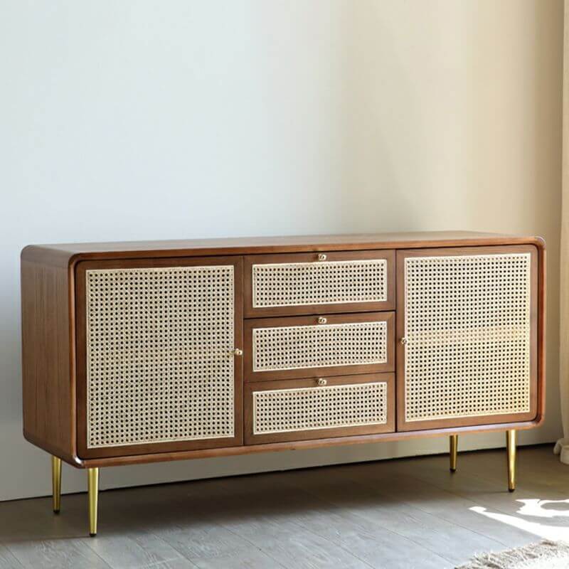 Modern rattan sideboard for dining room with ample storage space.