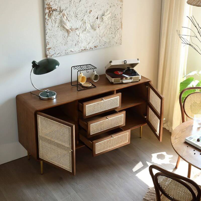 Elegant Nordic Rattan Buffet showcasing brass knobs and rattan craftsmanship.