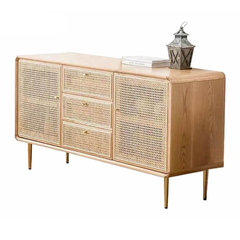 Stylish Nordic rattan sideboard buffet in a bright dining area.