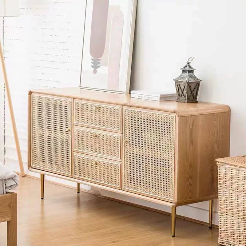 Modern rattan sideboard for dining room with ample storage space.