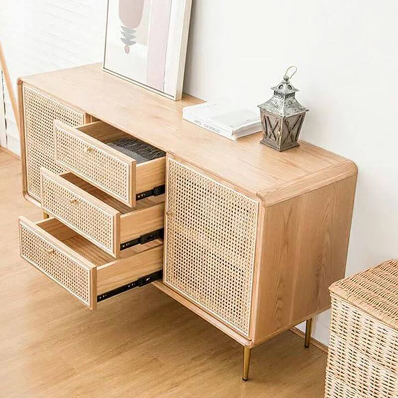 Modern rattan sideboard for dining room with ample storage space.