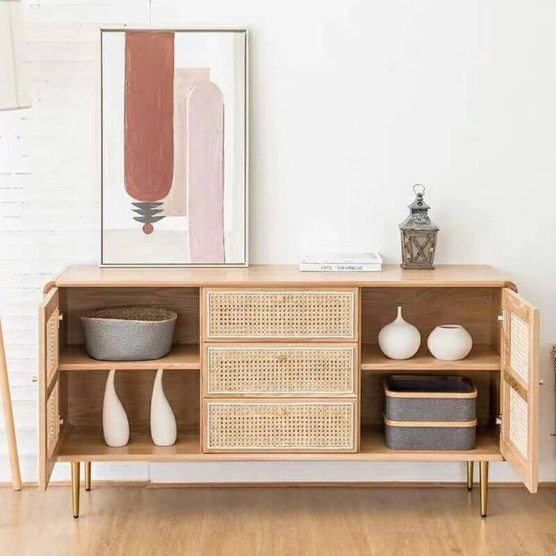 Elegant Nordic Rattan Buffet showcasing brass knobs and rattan craftsmanship.