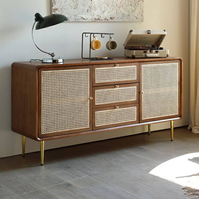 Stylish Nordic rattan sideboard buffet in a bright dining area.