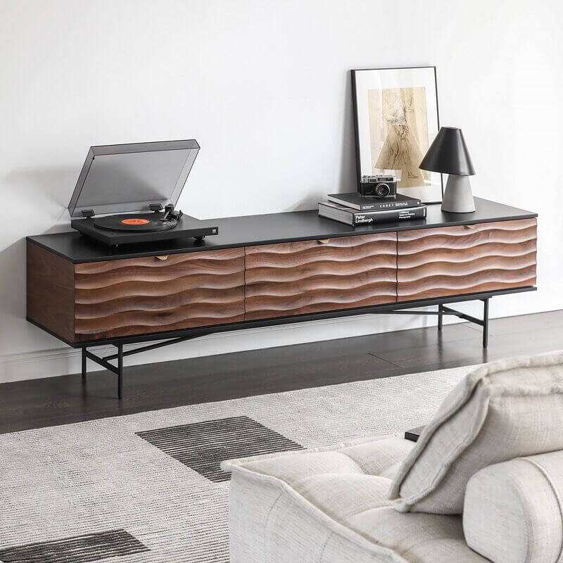 Front view of Nordic Wave Media Console featuring walnut veneer and steel legs.