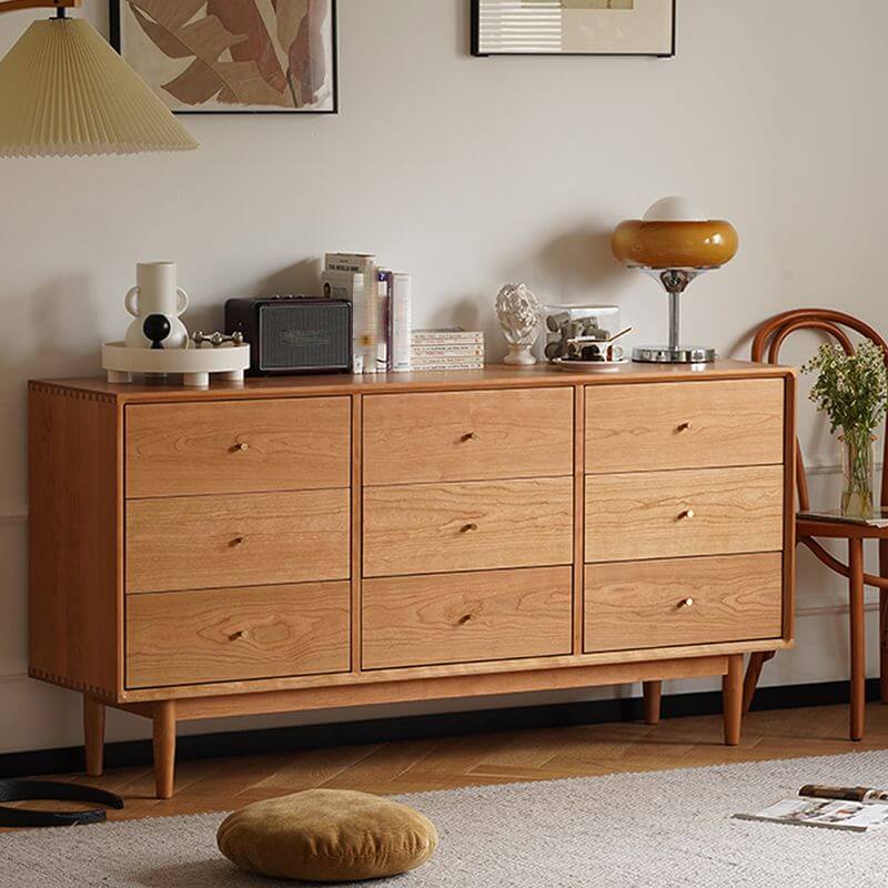 Nordic wood storage cabinet with nine drawers, ideal for kitchen organization.