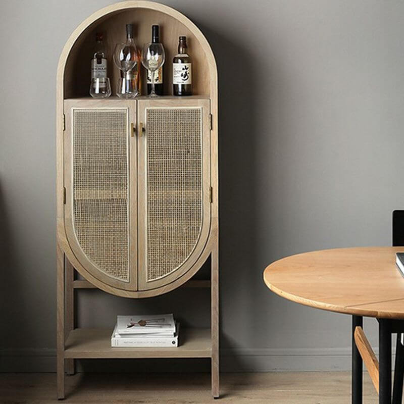 Front view of the Elegant Oval White Oak Wood Display Cabinet with rattan doors, showcasing its smooth finish and stylish design.