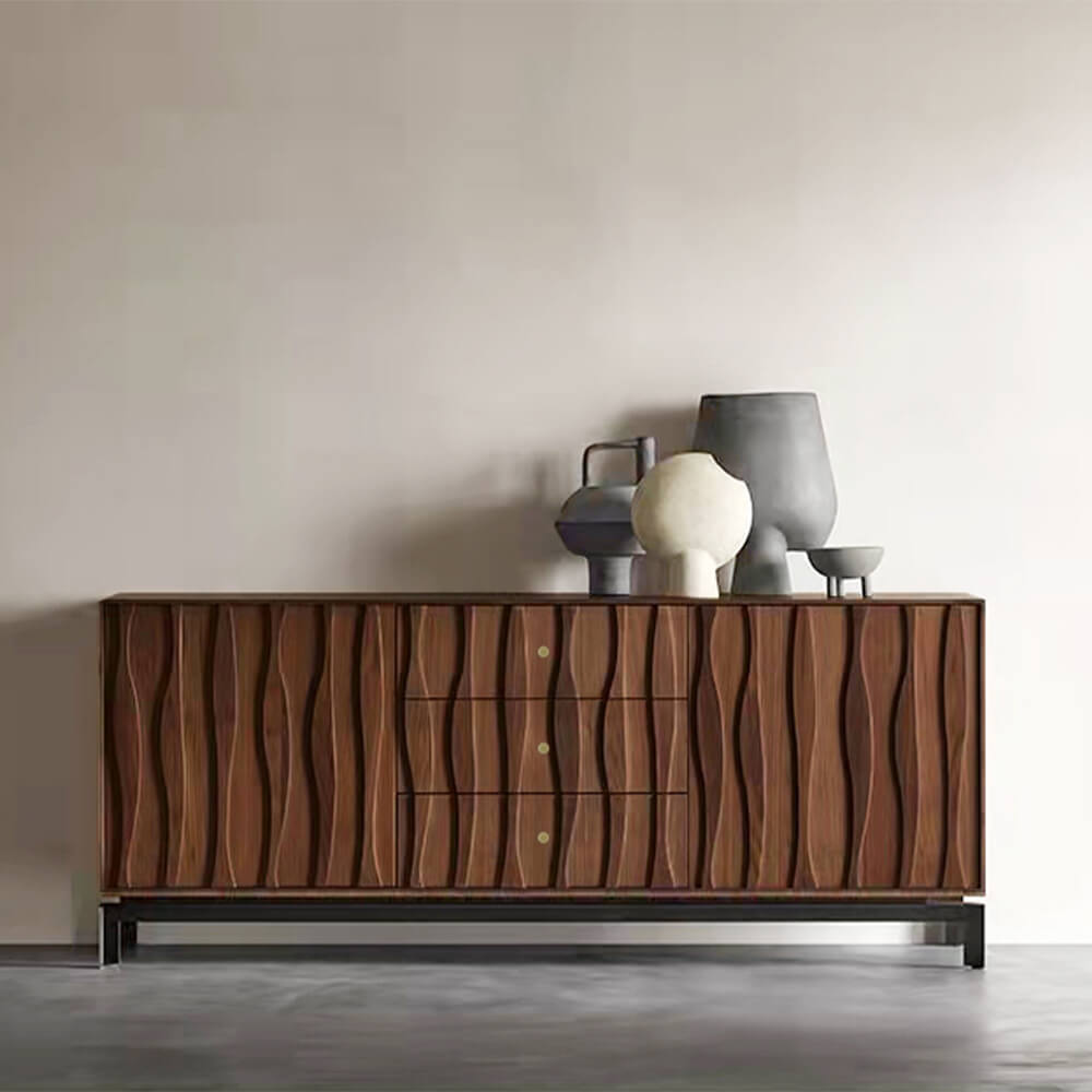 Front view of Rustic Elegance Walnut Credenza showcasing its three drawers and smooth finish.