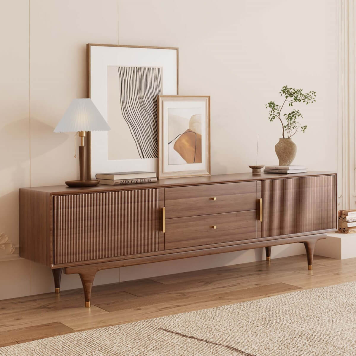Mid-century rattan TV stand showcasing sliding doors and elegant design.