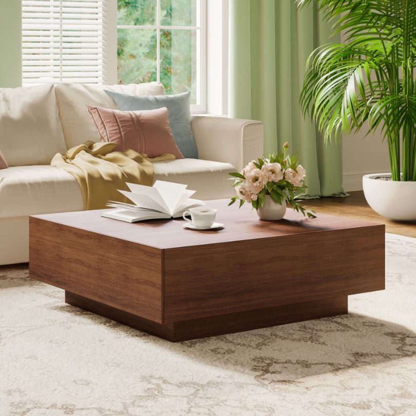 Front view of the retro wood coffee table showcasing its elegant black and brown finish.