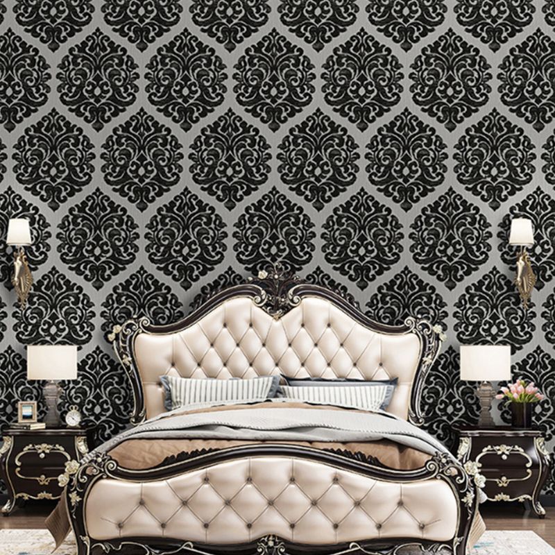 Close-up view of elegant black Jacquard vinyl wallpaper, showcasing its intricate pattern.