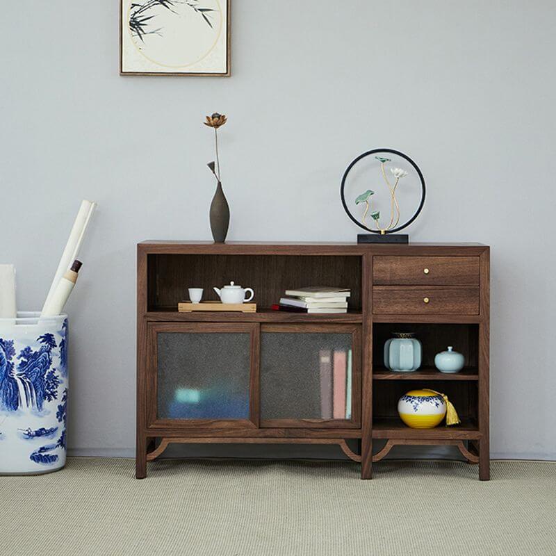Charming rustic glass sideboard buffet showcasing sliding doors and warm walnut finish.