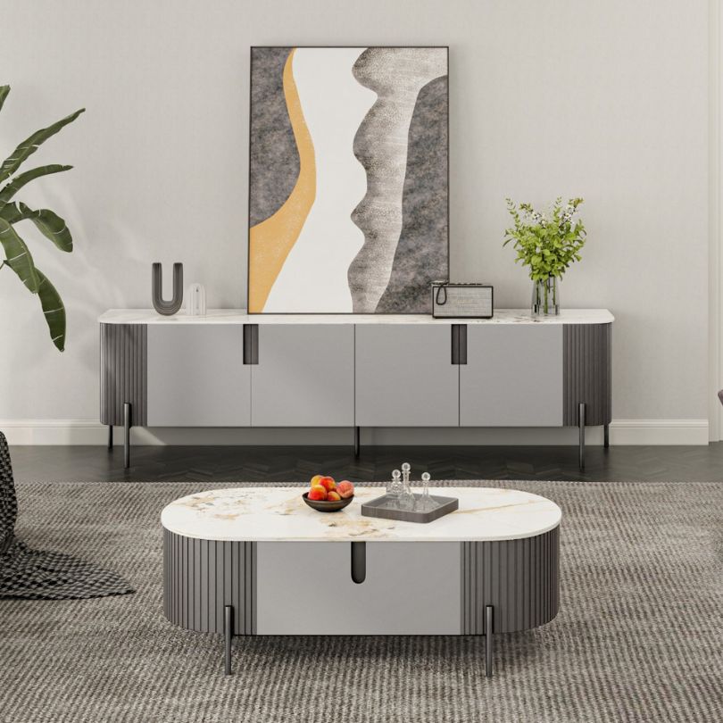 Elegant sintered stone coffee table with two drawers, showcasing its modern design from an angled view.