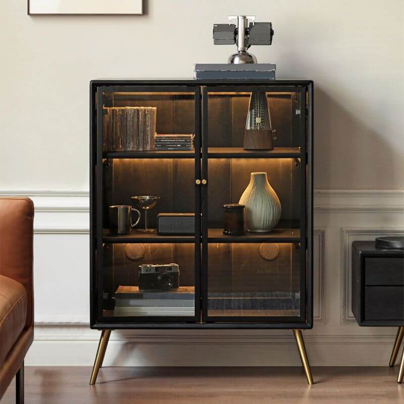 Front view of the Luna Noir Display Cabinet styled in a modern dining room