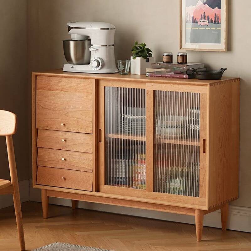 Front view of solid wood cabinet with drawers and glass doors showcasing mid-century furniture design