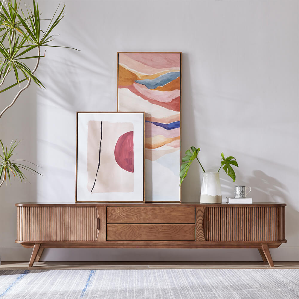 Mid-century solid wood TV console with tambour doors showcasing front view and natural wood finish.