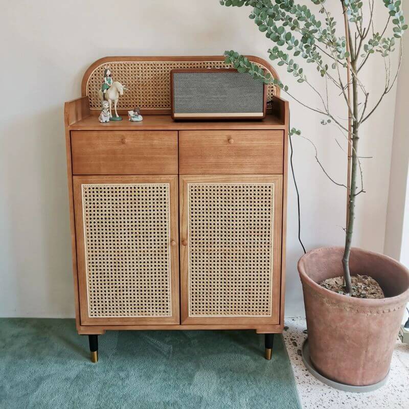 Elegant rattan sideboard for dining room showcasing natural wood and rattan details.