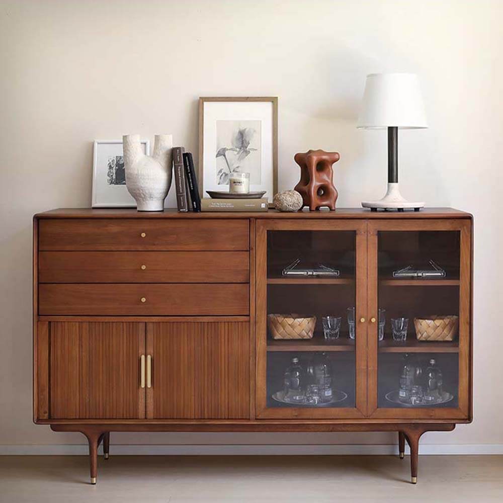Side view of the Tawny Mid-Century Modern Glass Door Buffet showcasing its elegant design and glass doors.