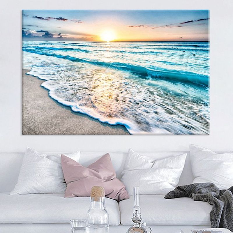 Textured Beach Sunset Canvas Art in living room setting, highlighting vibrant colors.