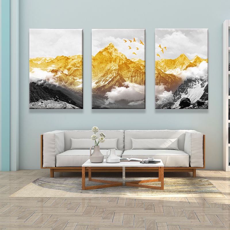 Vivid golden mountain canvas art showcasing vibrant colors, perfect for living room decor.