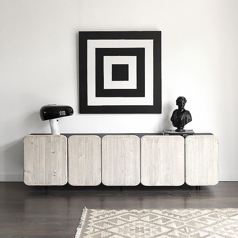 Front view of Rustic Elegance Natural Wood TV Stand highlighting its rustic design and ample storage.