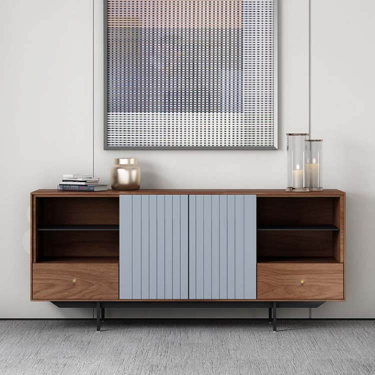 Front view of the stylish walnut sideboard buffet showcasing blue doors and open storage.