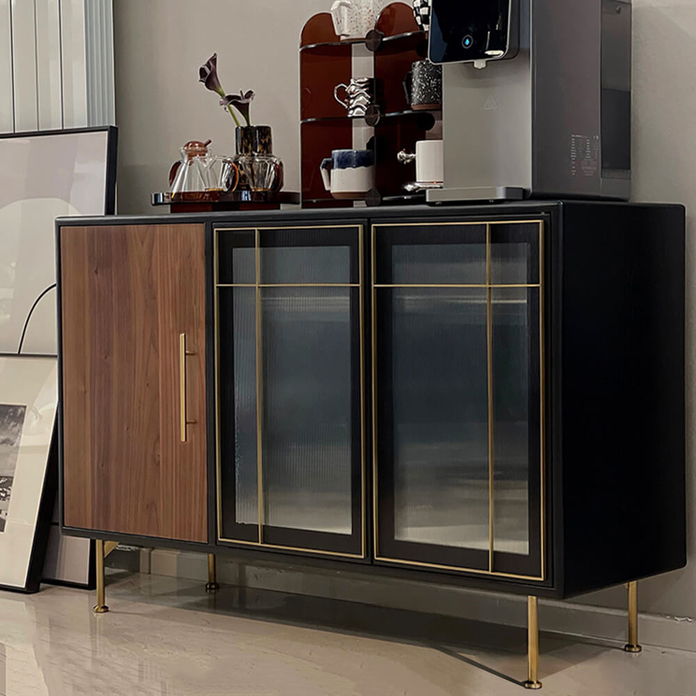 Elegant walnut sideboard buffet showcasing glass doors and gold accents
