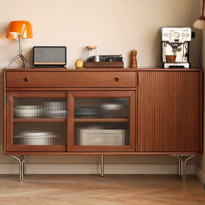 Front view of the elegant walnut wood sideboard buffet with glass doors, showcasing its modern design.