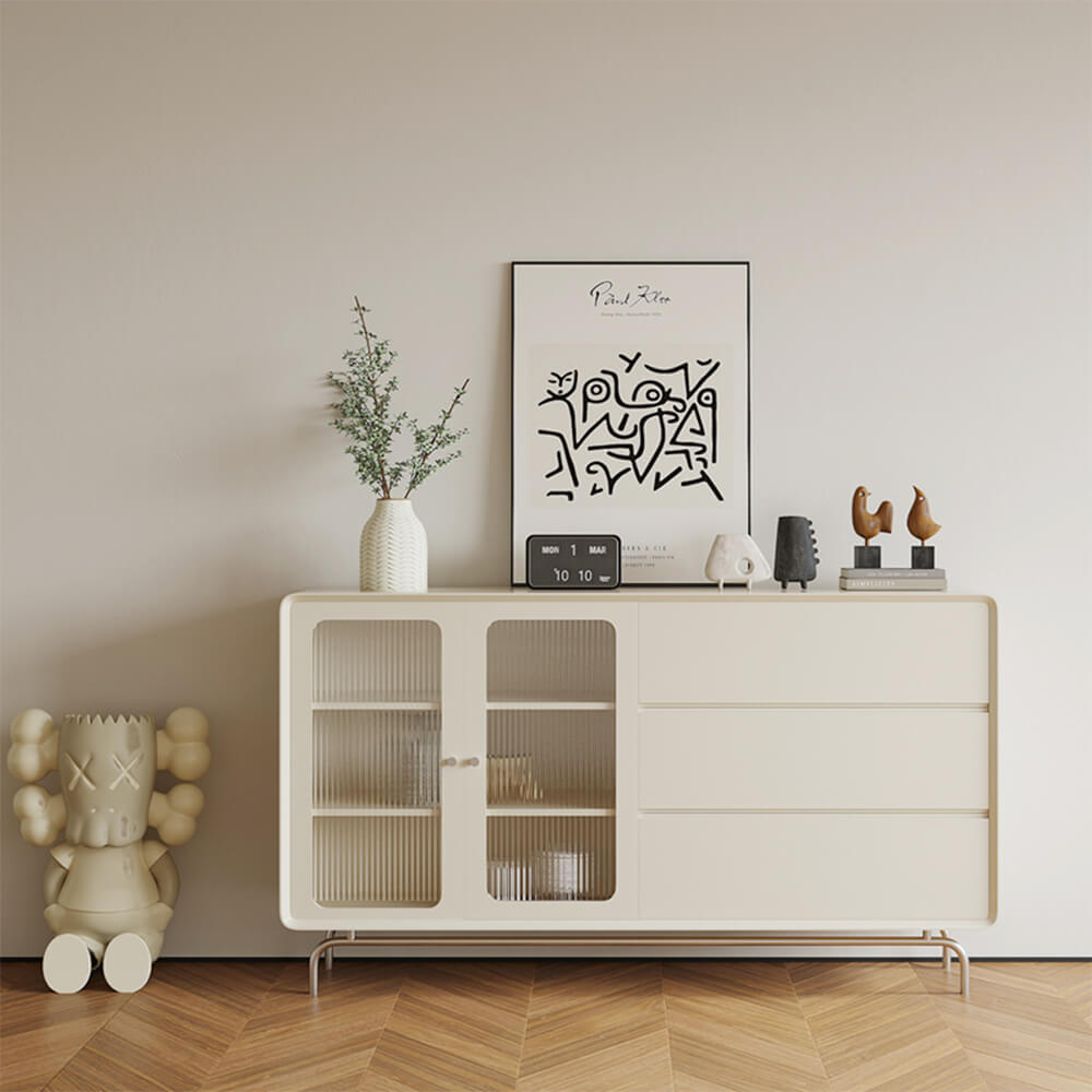 Elegant white arched glass sideboard buffet showcasing its elegant design in a modern dining room setting.