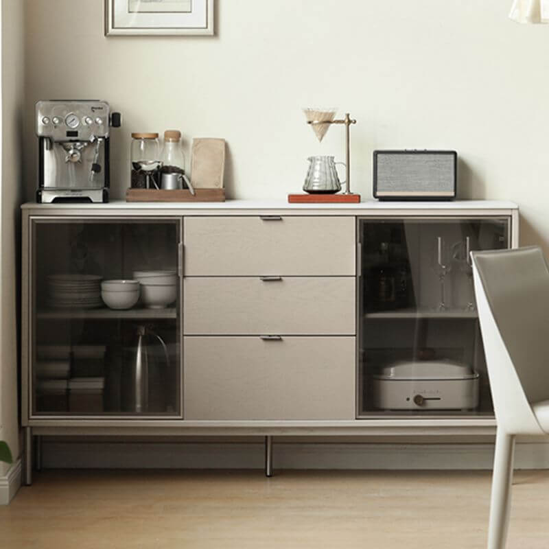 Front view of the modern white oak buffet table, highlighting its sleek design and glass doors.