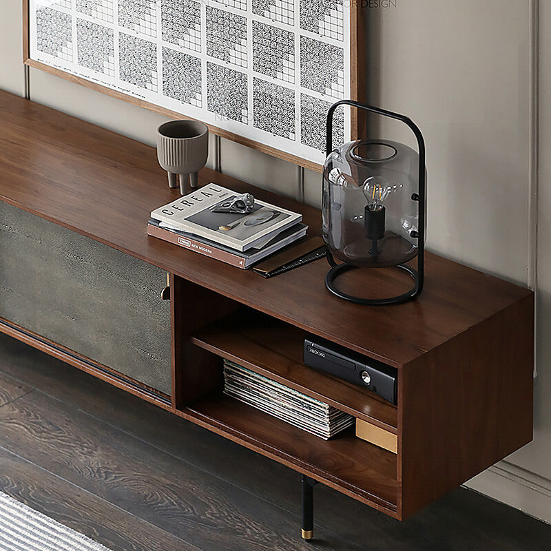 Chic retro TV stand showcasing the sliding doors and open shelves from the front view.